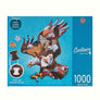 Front of puzzle box with blue background, featuring an eagle outline with colorful eagles, Mount Rushmore and Declaration of Independence depicted within.