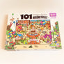 Puzzle box cover for 101 things to spot in Hersheyville featuring the amusement park. Colorful balloons and street scene surround the square outside the park.