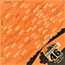 Inset of orange bandana with black mountain range, hiker, and ADIRONDACKS 46 silhouetted with HIGH PEAK MOUNTAINS in pale yellow type below. Above in the orange background are white and yellow type listings of mountains and elevations.