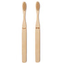 Two bamboo toothbrushes side by side; Hers on the left with five brown beads centered below the bristle top; His on the right with a brown bow tie centered below the bristle top.