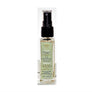 Single glass bottle of Earth Luxe Calm Aromatherapy spray standing upright. The top has a black spray dispenser seen through its plastic cover. A pale green-colored vertical product label fills the front side of the bottle.