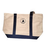 Canvas tote with navy blue straps and bottom panel. Centered between the straps is the Eagle Island Camp logo with 3 pine trees centered in a blue arc with the EAGLE ISLAND CAMP lettering filling the circle.