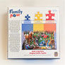 Back of Family Hour puzzle packaging with puzzle image on the back and description of puzzle pieces and sizes.