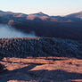High Peaks from Cascade image from Barry Lobdell's photo card with brown mountain scapes and river mist view