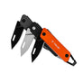 Three knives opened to reveal the blades. Front knife is orange with a black blade; middle is black with a gray blade; back is charcoal with a black blade.