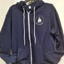 Blue hoodie on a hanger. White Eagle Island logo seen on right side with white hood ties hanging beside the white zipper trim. End of long sleeve folded into center pouch pocket.