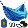 Aqua blue and Columbia blue hammock spread open in center of frame. Below the hammock folded up in its blue sack. To the right of that two black braces and far right orange and black straps coiled.