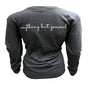 Back of a long-sleeve charcoal t-shirt with anything but general in white cursive lettering