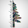 Half pine tree in navy floral pattern with script lettering adirondacks in same pattern to the left of the pine.
