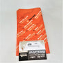 Rectangular folded bandana from the reverse side with the label on the bottom. Depicted are the listings of Mountains and their elevations on the orange backdrop.