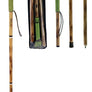 View of walking stick assembled, in 3 pieces in black plastic carry pack, in 3 pieces top, bottom, middle to illustrate how to assemble