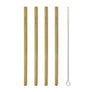 Four bamboo straws shown vertically next to a silver straw cleaner of the same length with a brush at one end.