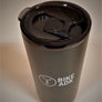 View of charcoal gray tumbler from the top down. Black plastic cap clear to see over the tumbler and its white lettering.