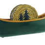 Full side of green canoe coaster holder with faux-bark round coasters set inside with two evergreens slightly off center.