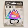 Clip-on Mountain Tool in packaging. Stainless steel mountain range appears with a purply pink center and blue edge above the black and silver carabiner clip.