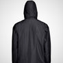 Back of navy blue windbreaker opened up to show back with hood extended.