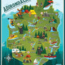 Fleece throw opened up to reveal the full, iconic Adirondack Park map. Various shades of blue and white surround the green Park map with its colorful town depictions.