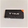 Packaging box for Keychain Knife. Black with white type that says TRUE large in center  and orange color in triangle top right.