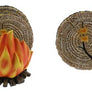 Fire coaster holder with faux-bark coasters popping out on left side. Right side is just the faux-bark wound coaster with a stick and two cooked marshmallows in the center.