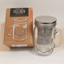 To the left is the packaging box for the Mason Jar Cold Brew Coffee Kit and to the right what's inside--the glass and metal top and infuser.
