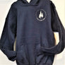 Blue pullover hoodie hanging with white Eagle Island logo seen on right side. End of long sleeve folded into center pouch pocket.