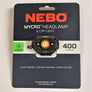 Nebo Mycro Headlamp pictured on its sales card. Text includes the words rechargeable, 400 LUMENS, 6 light modes, 10h max runtime, Direct-to-Red
