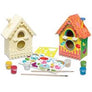 3 dimensional look at an unfinished birdhouse and a painted birdhouse with al the tools and paints below.