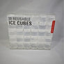 Clear packing of 30 Reusable Ice Cubes. Black type on packaging with white Kikkerland type on red side banner. Clear square cubes can be seen through the packaging.