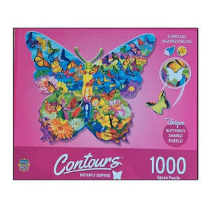 Front of puzzle box with pink background. Butterfly with colorful depictions of flowers and butterflies within the butterfly shape.