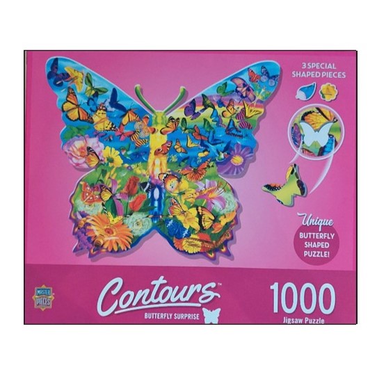 Front of puzzle box with pink background. Butterfly with colorful depictions of flowers and butterflies within the butterfly shape.
