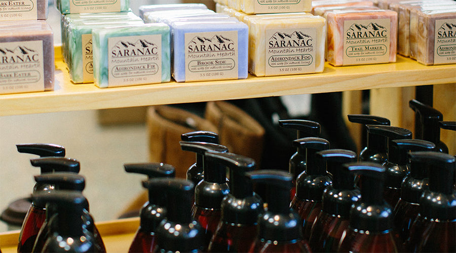 Artisan soaps and lotions from Saranac Hearth on the shelves at the Village Mercantile department store in Saranac Lake