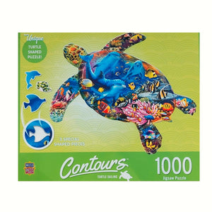 Front of puzzle box wih green background, featuring a large turtle outline with all sorts of colorful sea life depicted within the turtle body.
