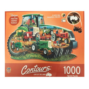 Front of puzzle box with orange background featuring a green tractor on grass with colorful depictions of other tractors within the green tractir outline.
