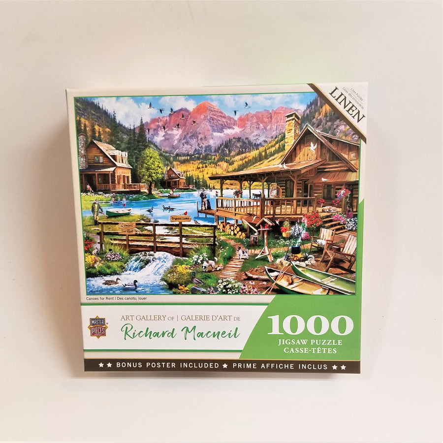 Cover of 1000 piece jigsaw puzzle depicts a fishing post with wooden cabins and chairs, a wooden footbridge, dogs, people, ducks, water, flying geese and mountains.