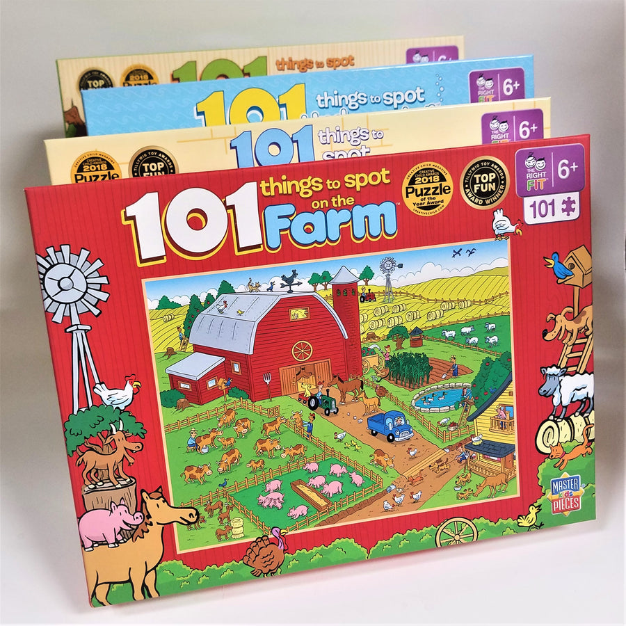 Fanned out display of 4, 101 things to spot puzzles. The on on top has a red border and features a red barn with colorful fields and farm animals.