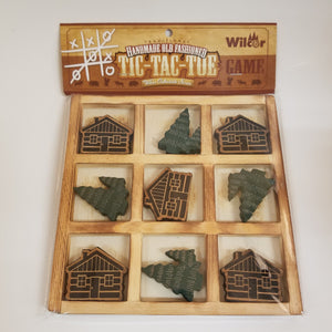 Tic Tac Toe Cabin Game in clear packaging. 5 Cabins and 2 pine trees are displayed in each wooden game board square.