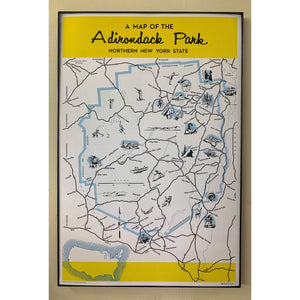 Black and white printed map with blue line outline of the Adirondack Park and cute drawings designating fun and key aspects of the Park,  black border and two yellow bands top and bottom on beige background 