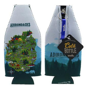 Front and back of the bottle suit. The front is on the left featuring the signature Adirondacks map with a dark green bottom and white background n top. The suit is flipped on the right to show the zipper, bottle opener and key ring. The back only has mountain greenery and blue mountain background. There is a black label with the lettering Cold Bottle obstructing the work Adirondacks on the back.