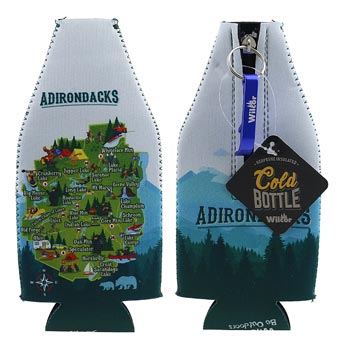 Front and back of the bottle suit. The front is on the left featuring the signature Adirondacks map with a dark green bottom and white background n top. The suit is flipped on the right to show the zipper, bottle opener and key ring. The back only has mountain greenery and blue mountain background. There is a black label with the lettering Cold Bottle obstructing the work Adirondacks on the back.
