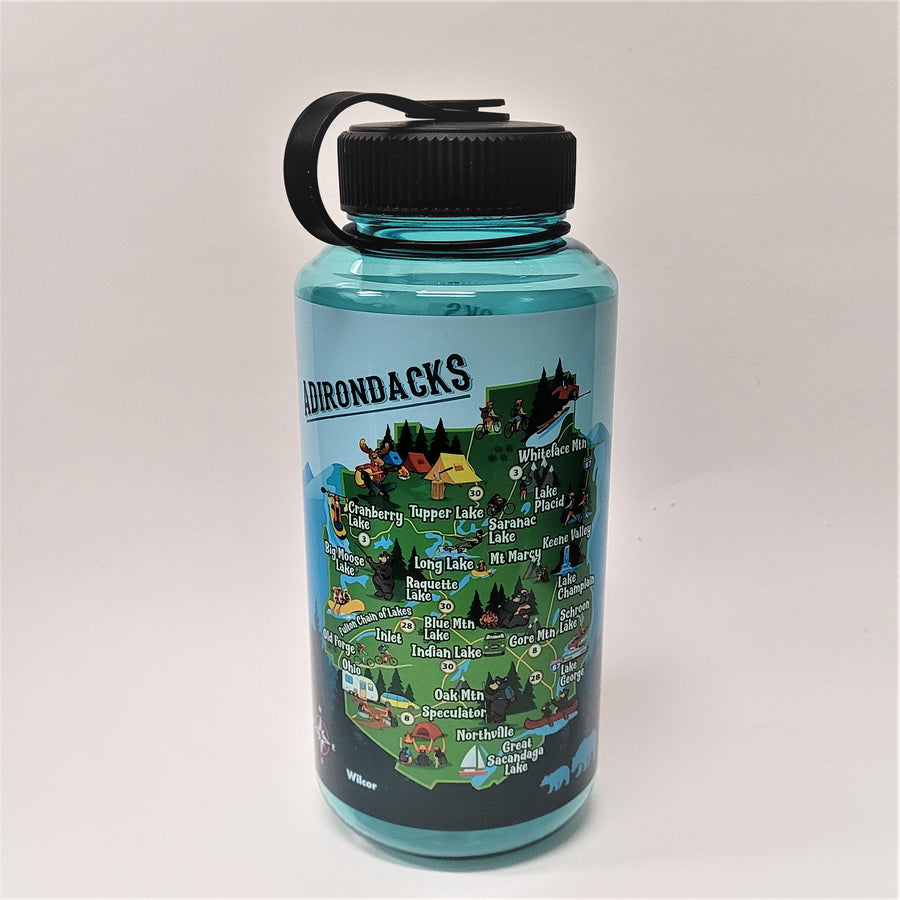 The iconic Adirondack fun map is featured on this blue-tinted water bottle. A black attached twist top is closed in place.