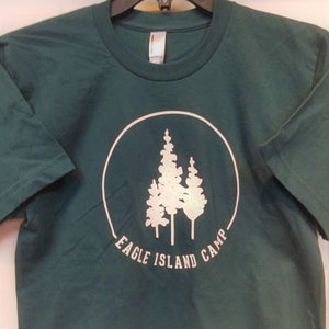Green t shirt hanging with short sleeves folded in. White Eagle Island logo of 3 trees, inside a white semi-circle with white Eagle Island Camp lettering below.