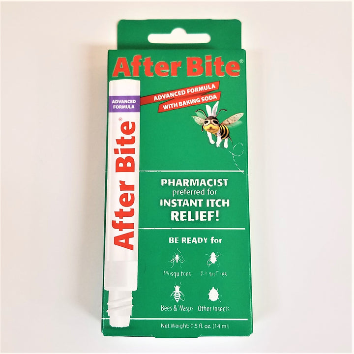 Green box with illustration of white tube of After Bite and an exhausted bee.