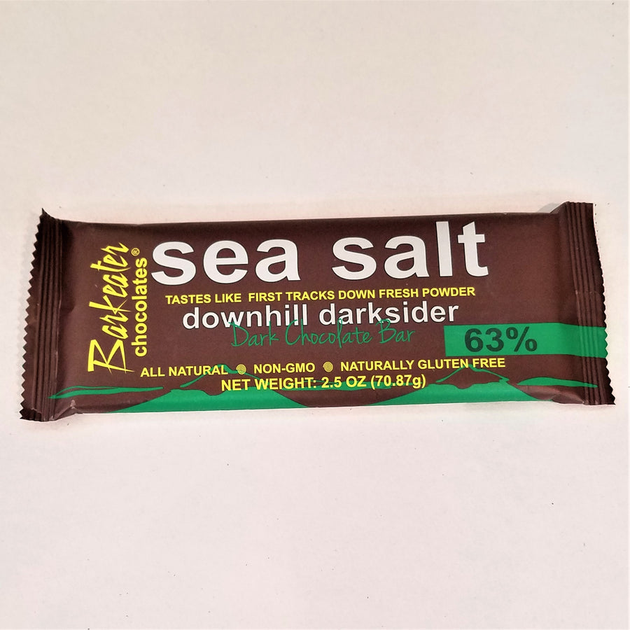 One bar of Dark Chocolate in brown packaging: sea salt tastes like first tracks down fresh powder, downhill darksider 63% Dark Chocolate; All Natural, Net weight 2.5 oz.