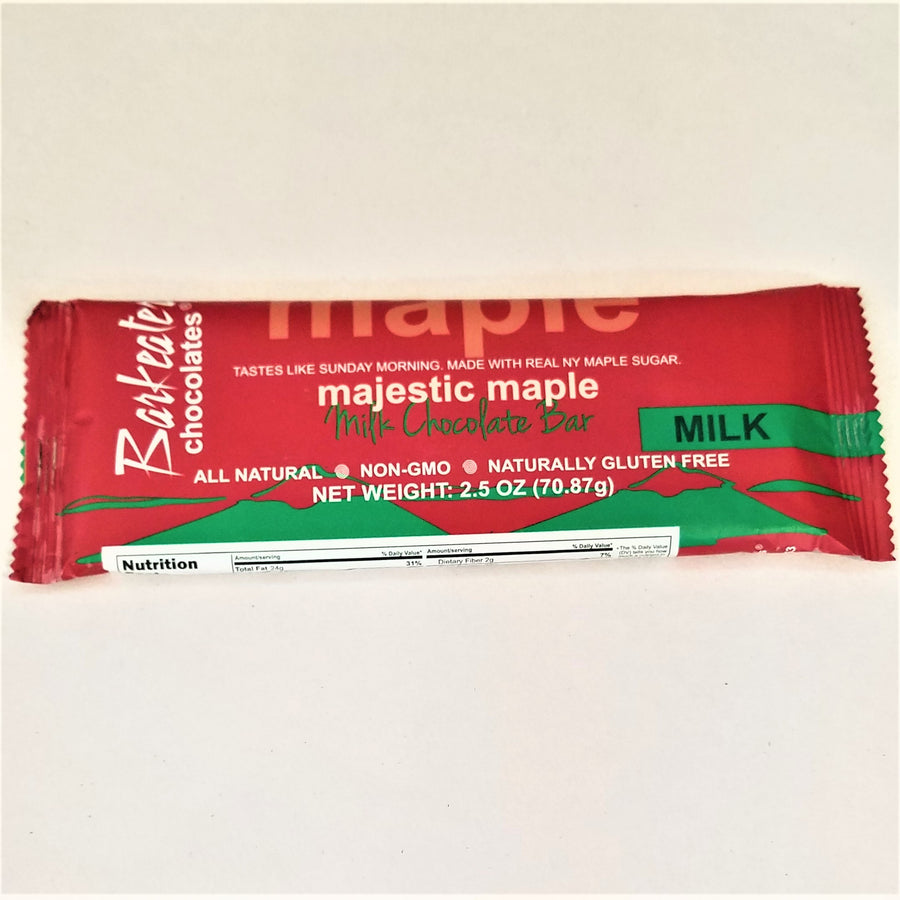 One bar of Milk Chocolate in red packaging: Maple tastes like Sunday morning, made with real NY maple sugar, majestic maple; All Natural, Net weight 2.5 oz.