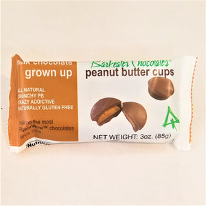 Amber and white package of Milk Chocolate Barkeater chocolates peanut butter cups. Net weight 3 oz.