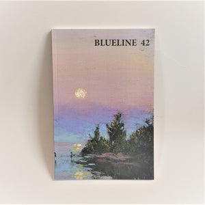 Book cover Blueline 42 with artists rendering of greenery, water and sky in purples, blues and whites.