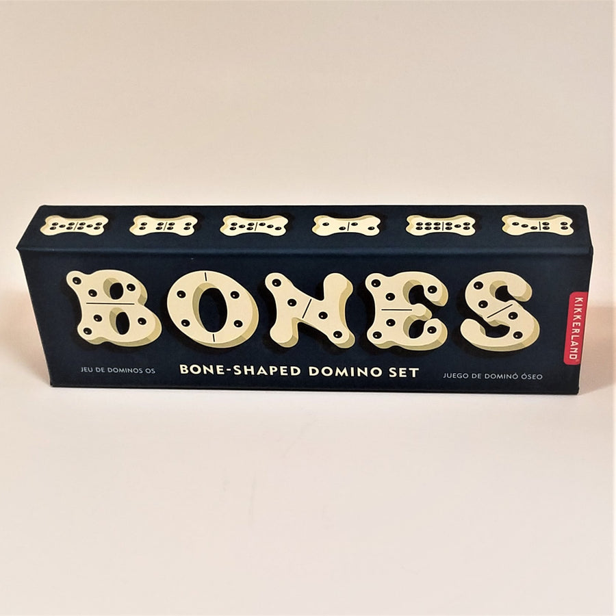 Box of Bones Game. White BONES type and bone-shaped dominoes depicted on the packaging.