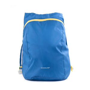 Blue compact backpack fully open front view with yellow zipper line at the top.