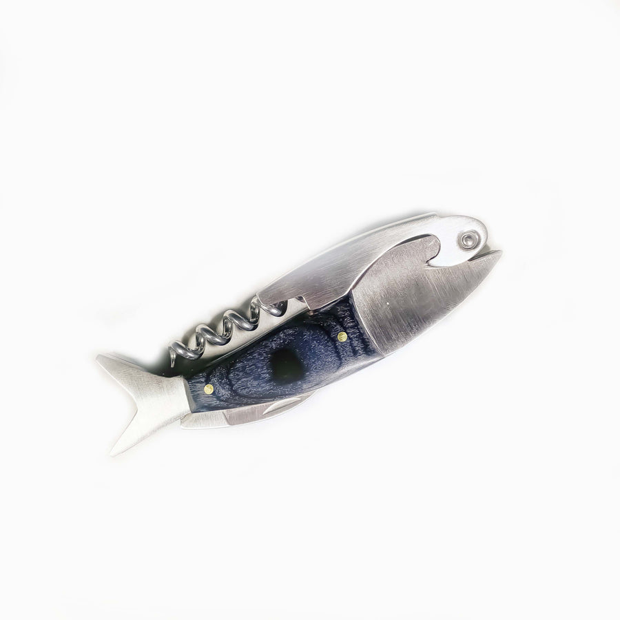 Gray metal fish-shaped corkscrew with a charcoal body leading to the silver tail.
