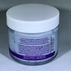 Back of the Niawen skin cream jar with purple text explaining how to use the product and a list of ingredients.